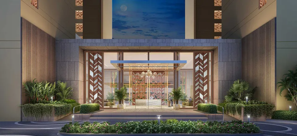 Entrance porte-cochère with chevron lattice doors