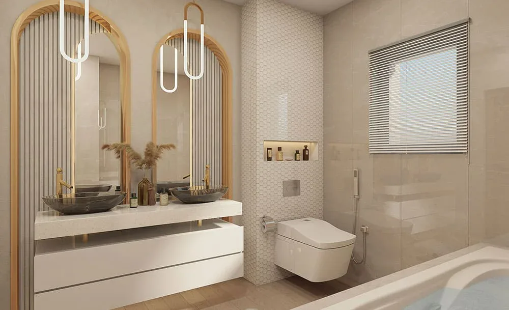 Sample bathroom with arched mirrors
