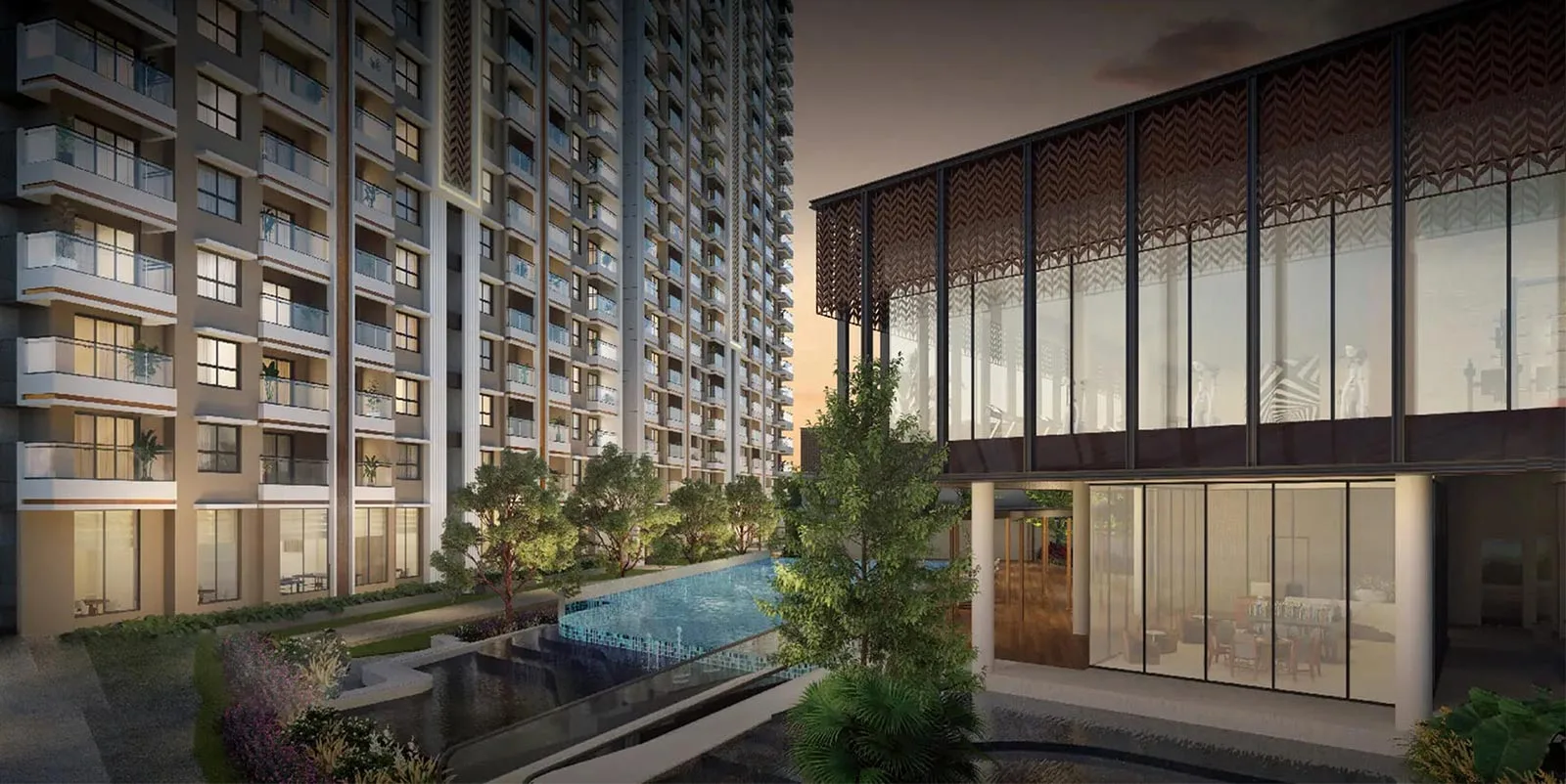 Tower and clubhouse beside the pool at dusk, artist's impression