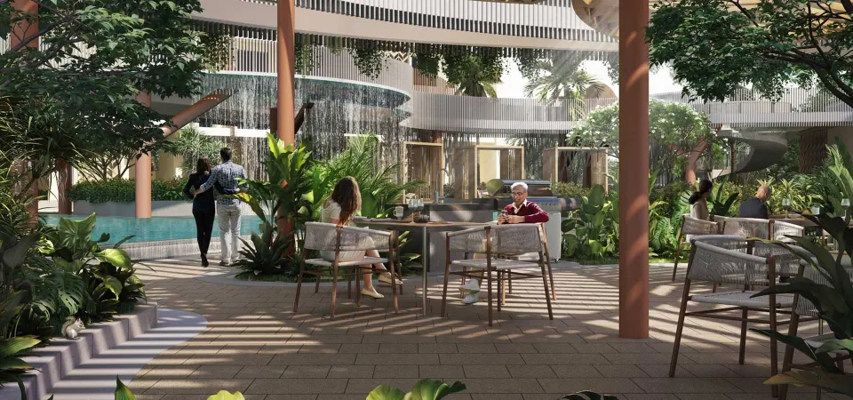 Garden café beside a falling water curtain